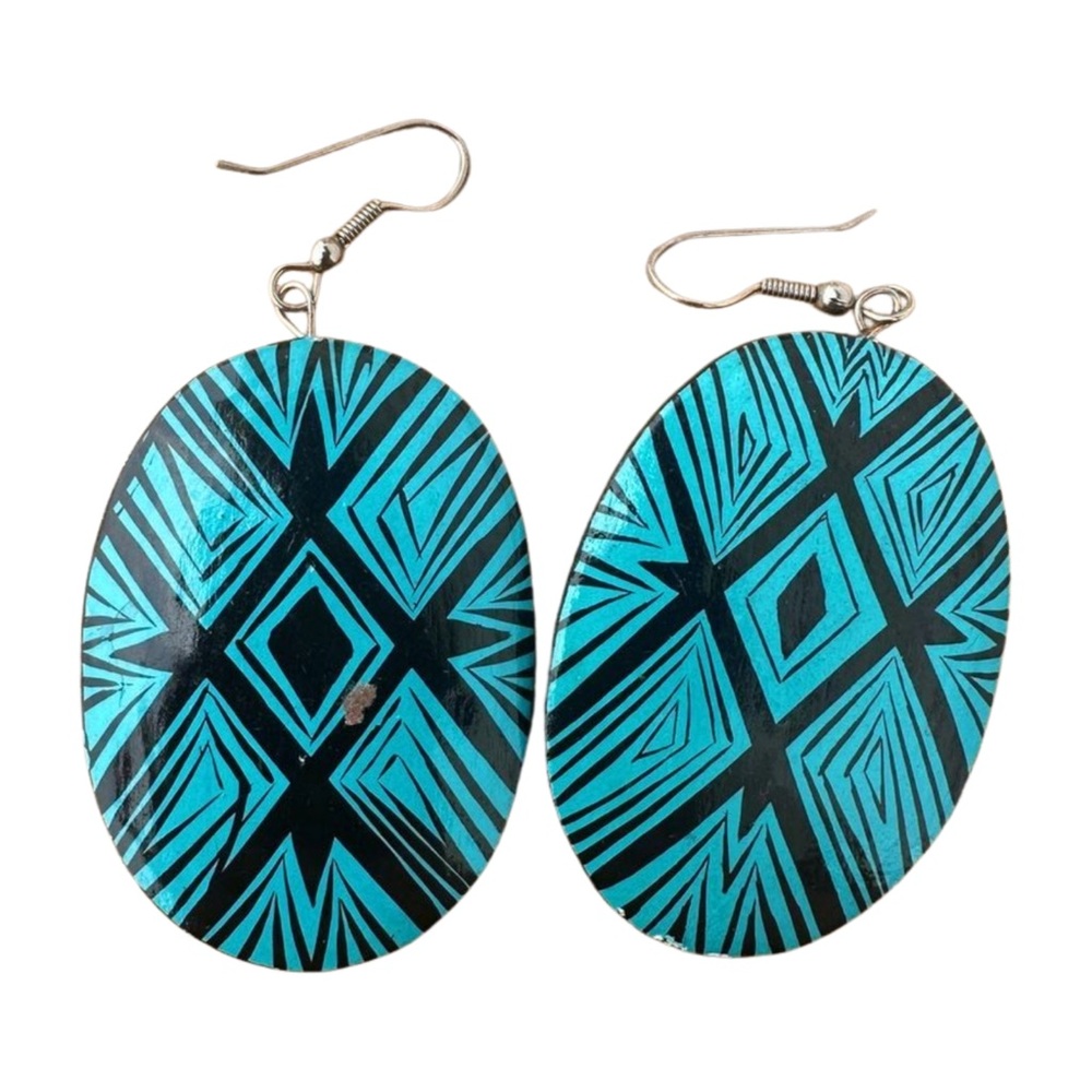 Blue Tribal Geometric Print Dangle Earrings – Lightweight Boho Graphic Statement
